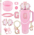9PCS Pink for Stanley Cup Accessories Set Bling Initials Bow Charms for Stanley Decorations 30/40 Oz Tumbler Accessories Including Bow Straw Topper, Handle Strap, Spill Stopper（Letter G）