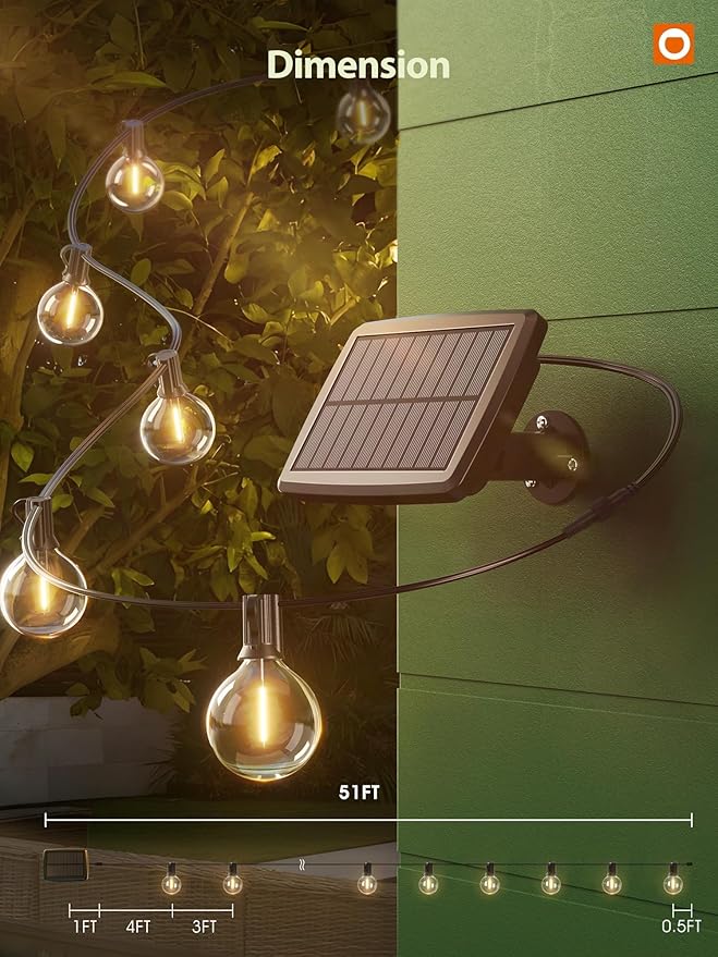 addlon 50FT Solar String Lights for Outside G50 Waterproof with USB Port Solar Patio Lights Outdoor Solar Powered LED Bulbs 3 Light Modes for Backyard Porch Garden Market Bistro Camping