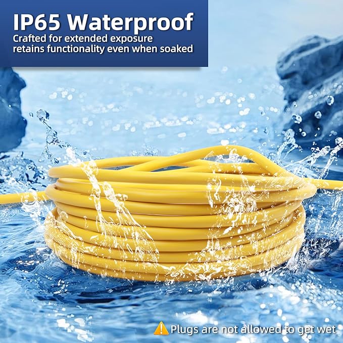 12 Gauge Outdoor Extension Cord 25 FT Waterproof, 3 Prong Plug, SJTW Heavy Duty 15A 1875W, Yellow Extension Cable with Lighted end for Commercial Use and Major Appliances, ETL Listed