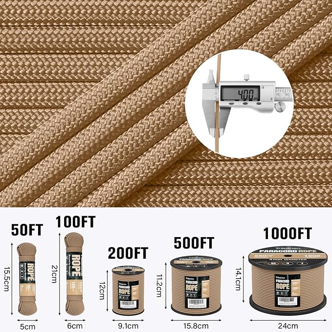 Paracord Rope 550 lb - 500ft 5/32" Parachute Cord 4MM 7-Strand para Cord - Heavy Duty Spool String for Survival,Camping Gear, Survival Bracelet, Clothesline - Khaki