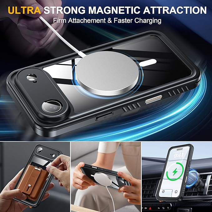 ANTSHARE for iPhone Air Case, Compatible with Magsafe, IP68 Waterproof Case, [Built-in Screen Protector] - 12 FT Military Dropproof - Full Body Heavy Duty Rugged Phone Cover - Black/Clear