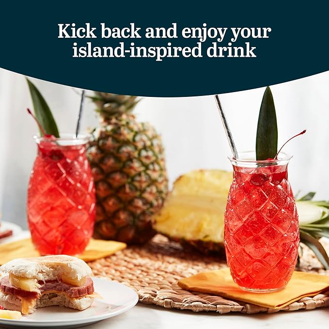 Libbey Tiki Pineapple Glasses Set of 4, Tropical, Textured 17 Ounce Tiki Glasses for Cocktails, Fun Mixed Drink Pineapple Cups for Luau, Summer Parties