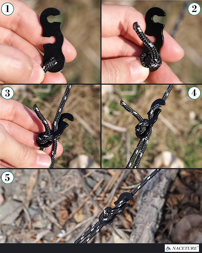 Rope Tensioner Aluminum Alloy Camping Tent Guyline Cord Adjuster Camping of Gear for Camping, Hiking, Backpacking Ultralight Tent Stakes Guy Lines (Black, 10 Pack)