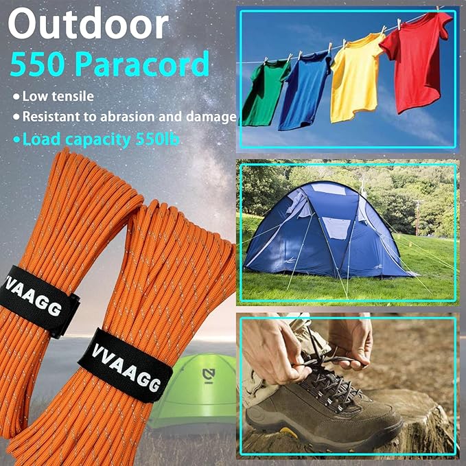 VVAAGG Reflective Paracord Rope 100FT, 7 Strand Nylon para Cord Lanyard Utility 550 Parachute Cord, 4mm Thin Tent Rope for Outdoor Camping Hiking