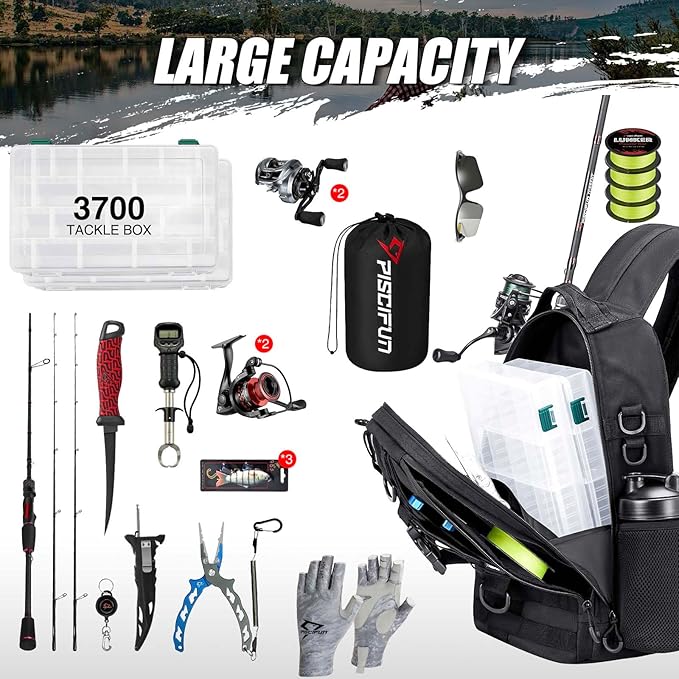 Piscifun Fishing Backpack with Rod Holder, Lightweight Sling Bag Storge Gear and Equipment