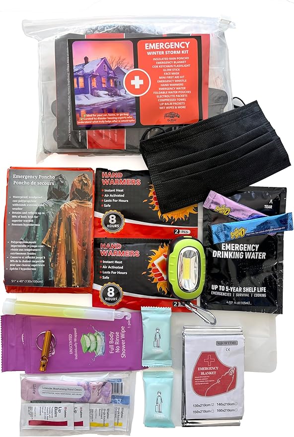 Emergency Kit - Winter Storm & Ice Storm Survival Kit, Power Outage Preparedness with 15 Essential Items, COB Light, Rain Poncho, Blanket, Emergency Water & First Aid