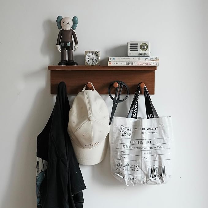 Entrance Coat Rack ，Coat Hooks, Wall-Mounted Wooden Hook Rack, Wall-Mounted Shelves are Very Suitable (Teak Colored Finish—A-1)