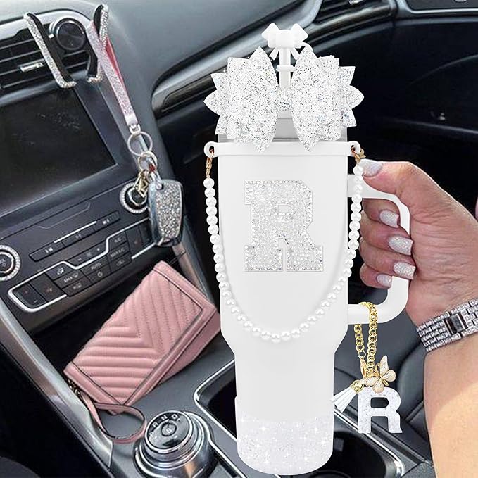 9PCS White for Stanley Cup Accessories Set Bling Initials Bow Charms for Stanley Decorations 30/40 Oz Tumbler Accessories Including Bow Straw Topper, Handle Strap, Spill Stopper（Letter R）