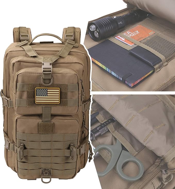 Hannibal Tactical MOLLE Assault Pack, Tactical Backpack Military Army Camping Rucksack, 3-Day Pack Trip w/USA Flag Patch, D-Rings, Coyote