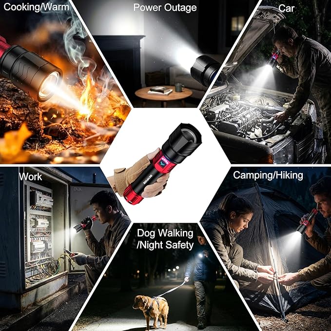 SKYFIRE Bright Flashlight with Ignition Lens&Yellow/Blue Light,3000lm Super Bright Rechargeable Flashlights High Lumens,Zoomable,Waterproof Tactical Flashlight for Camping,Outdoor &Gifts