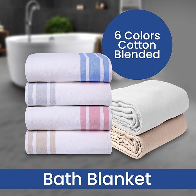 Linteum Textile Cotton Blended Hospital Patient Bath Blanket, Bed Bath Sheet, Twin Blanket Lightweight Sheet Blankets 70x90 in, 1.75 lb. White with Blue Stripes