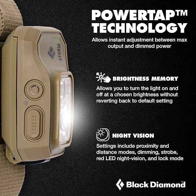 BLACK DIAMOND Storm 450 Headlamp | 450 Lumens Brightness | Waterproof & Dimmable | 3X AAA Battery Operated (Included | Camping, Hiking, Running | Ops Dark Tan