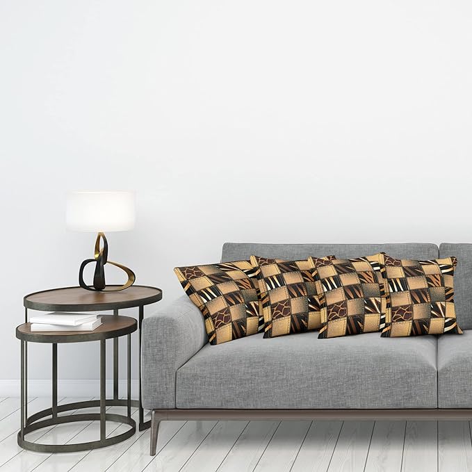 Ambesonne Safari Decorative Throw Pillow Case Pack of 4, Jeans Denim Patchwork in Safari Style Wilderness Design Art Print, Cushion Cover for Couch Living Room Car, 20", Brown Black
