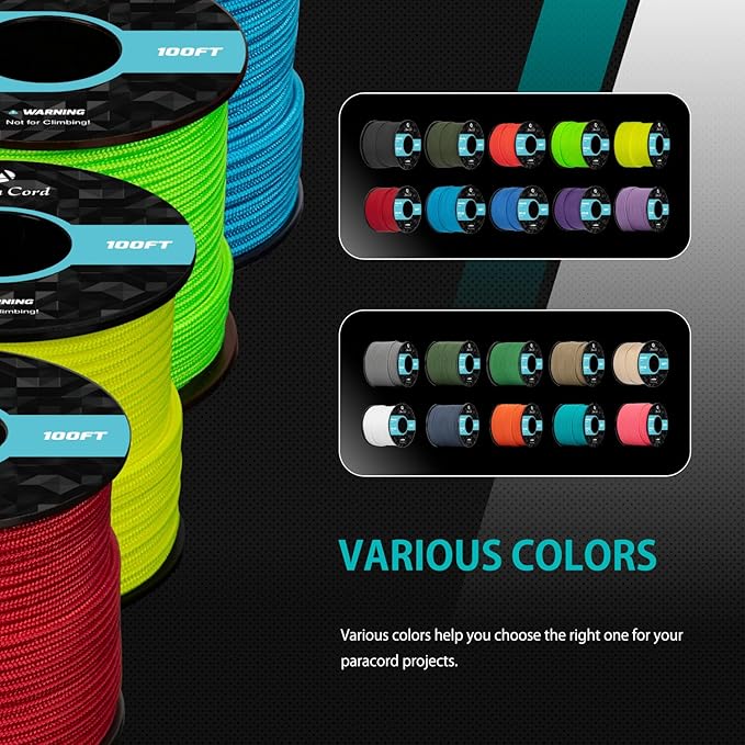 Abma Cord 2.4mm Paracord 275 100ft Nylon Rope 4 Strands Tactical Parachute Cord - Max. 275lbs - Turquoise