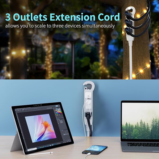 16/3 15 Ft 3 Outlet Extension Cord Outdoor Waterproof, White Extension Cords with Multiple Outlets, 3 Prong with Multi Outlet Outside 13A 1625W 16AWG, ETL Listed