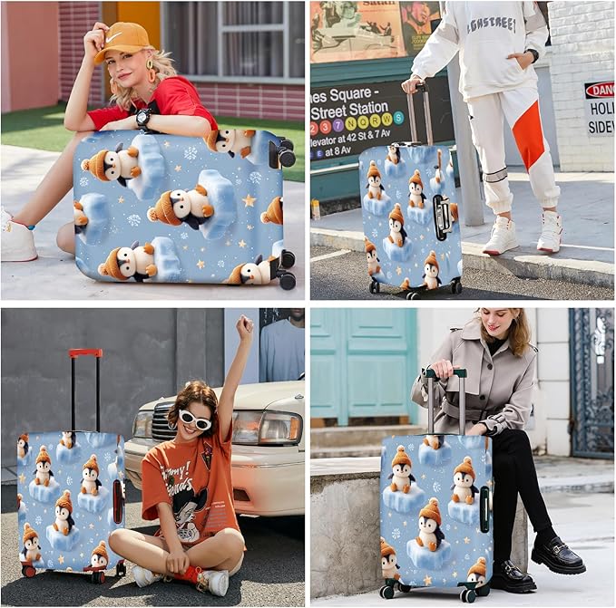 ANNA QUEEN Winter Penguin Luggage Cover, Cute Penguin on Ice Pattern Suitcase Protector, Washable Stretchable Travel Sleeve for 24-26 Inch Luggage
