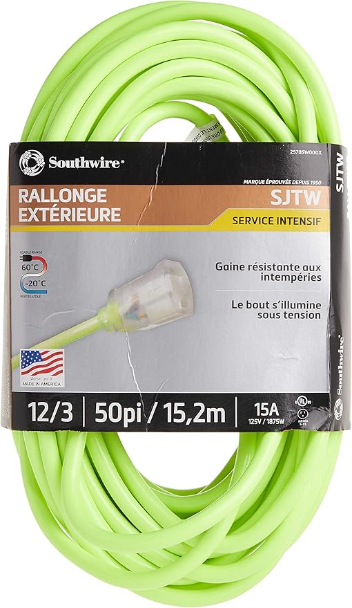 Southwire Heavy Duty Extension Cord, 50Ft, 12 Gauge, 3 Conductor, High Visibility Outdoor Cord, Lighted End, SJTW, Cool Green, 2578SW000X
