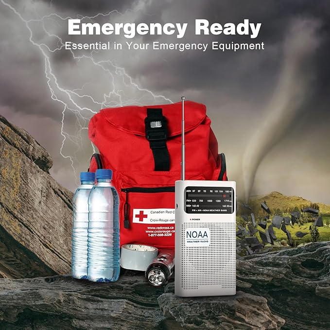 Goodes NOAA Weather Radio, AM FM NOAA Emergency Radio Portable with Best Reception, Headphone Jack, Powered by 2 AA Battery, Transistor Radios Battery-Operated for Emergency, Hurricane, Home(White)