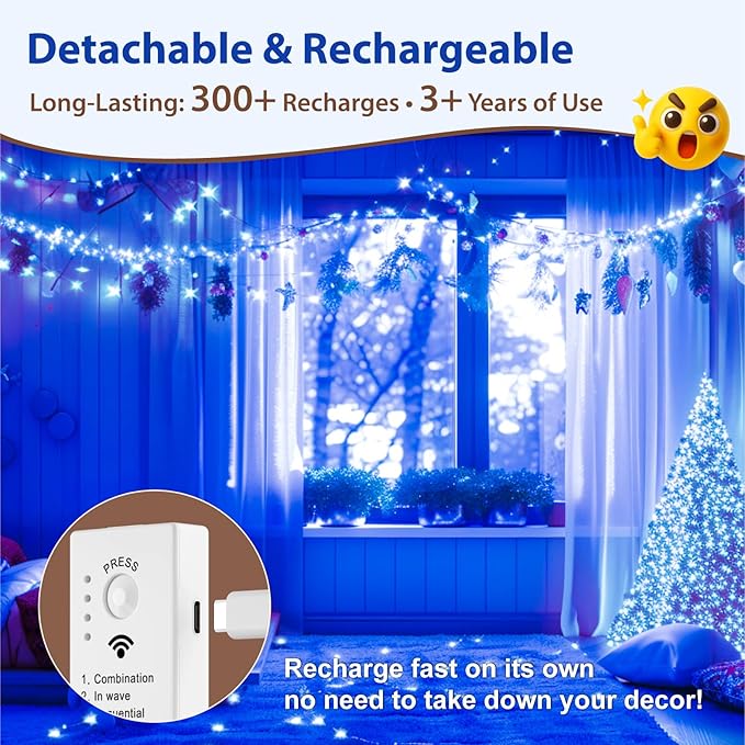HXWEIYE Rechargeable Fairy Lights with Remote & DIY Timer, 33ft 100LED Battery Operated Twinkle String Lights, 8 Modes Decor Light for Bedroom Indoor Wedding Dorm Christmas Tree Party (Blue)