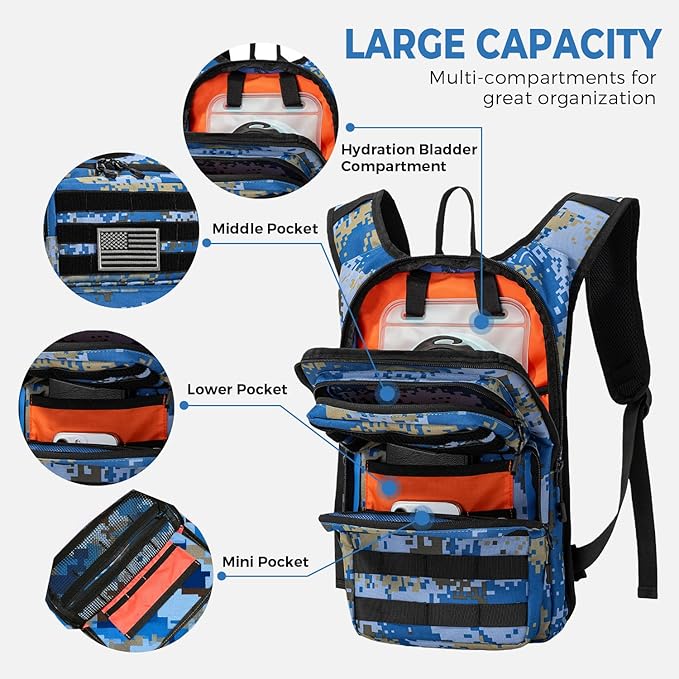 Koculemi Tactical Hydration Backpack with 2L Water Bladder and Front Small Tactical Pouch, Outdoor Water Backpack for Men Women, Sports Hydration Pack for Hiking, Cycling, Climbing