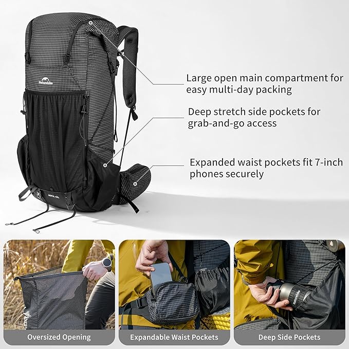 Naturehike 45L Rock 2.0 Upgraded Internal Frame Hiking Backpack for Outdoor Camping Travel Backpacking, Ultralight Backpack for Adults(Black/M/45L)