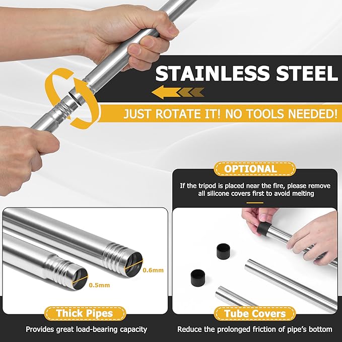 Stainless Steel Campfire Tripod for Cooking, HaSteeL Camping Tripod Grill with 17” Folding Grate, Heavy Duty Openfire Stand Hanger for Outdoors Beach Firepit BBQ, Detachable Handle, Adjustable Height