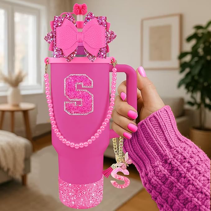 9PCS Hot Pink for Stanley Cup Accessories Set Bling Initials Bow Charms for Stanley Decorations 30/40 Oz Tumbler Accessories Including Bow Straw Topper, Handle Strap, Spill Stopper（Letter S）