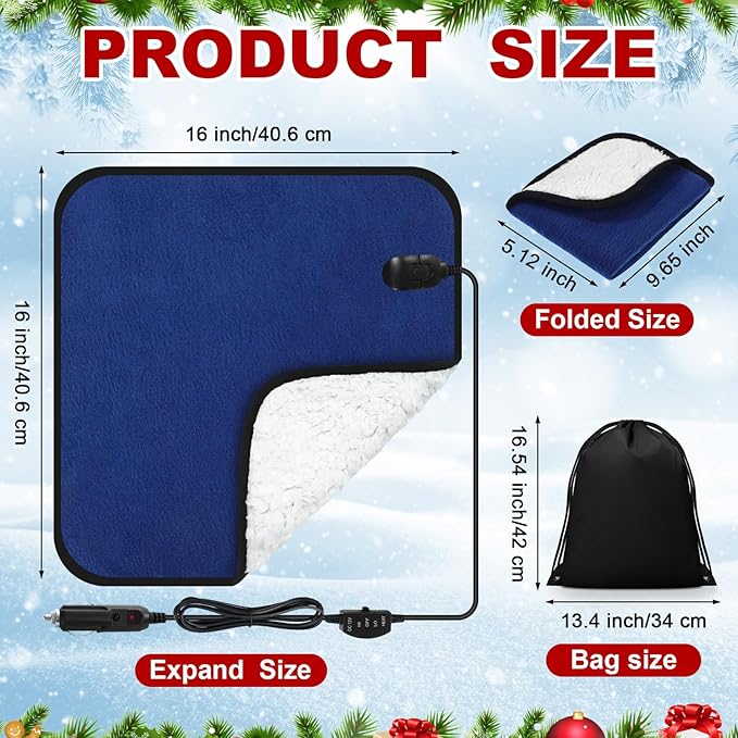 Tuanse 16 x 16 Inches Car Electric Blanket 12 Volt Heated Car Blanket with Temperature Controller and Black Storage Bag Cold Weather Tailgating and Emergency Kit(Navy Blue, White Cotton,Blank)