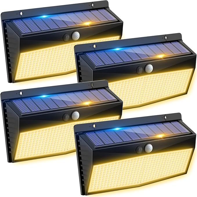 Peasur 4 Pack 368 LED Solar Motion Sensor Lights Outdoor, Solar Fence Lights with 3 Lighting Modes, Solar Powered Security Lights Waterproof for Outside Yard Wall Garden Backyard Step, Warm White