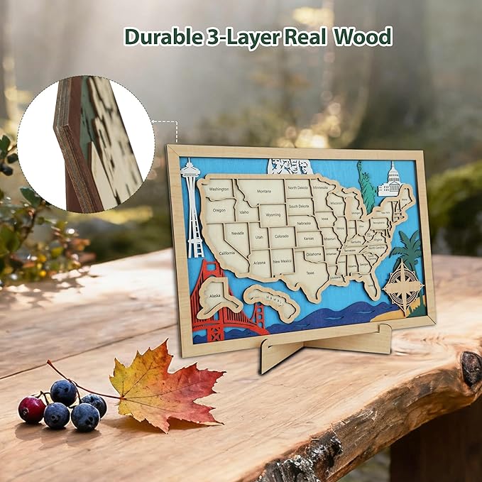 Wooden USA Landmark Travel Map, 16.5 x 11, 3-Layer Wood State Map Tracker Puzzle with Gift Box - Personalized Wall Art & RV Decor with Table Stand, Marker Pen & Adhesive Backing (Landmark, 16.5 x 11")