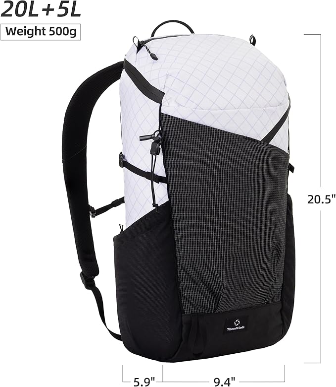 Thous Winds Ultralight Backpack, 20+5L Waterproof Hiking Daypack, EPX200 Fabric, 500g Lightweight Travel Backpack for Men Women Outdoor Camping Backpacking, Black