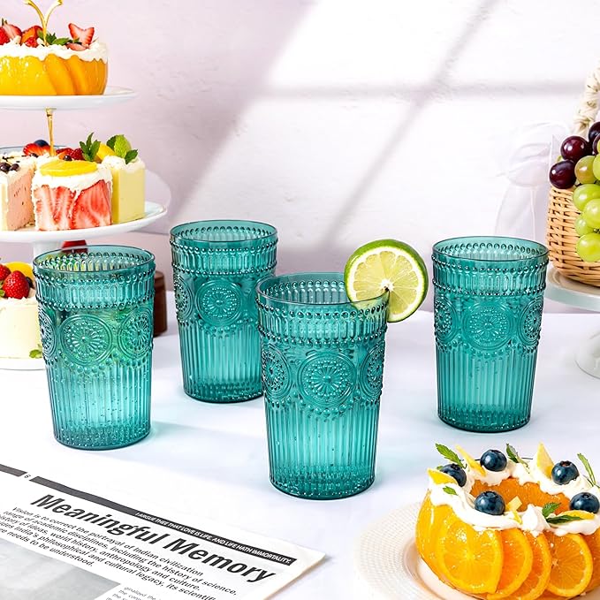 Ciaell 12 Pack Romantic Plastic Water Glasses - 14 Oz Green Vintage Drinking Glasses, Embossed Ribbed Plastic Cups, Textured Striped Set for Juice, Beverages, Beer, Cocktail，St. Patrick's Day
