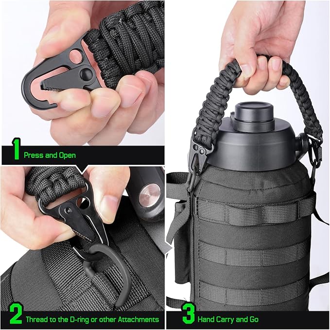 Tactical Paracord Handle，9-core Weaving Paracord Strap for Bag Strap Replacement，Molle Attachment with Metal/Plastic Clips for Backpack Sling Bags Water Bottle Holder