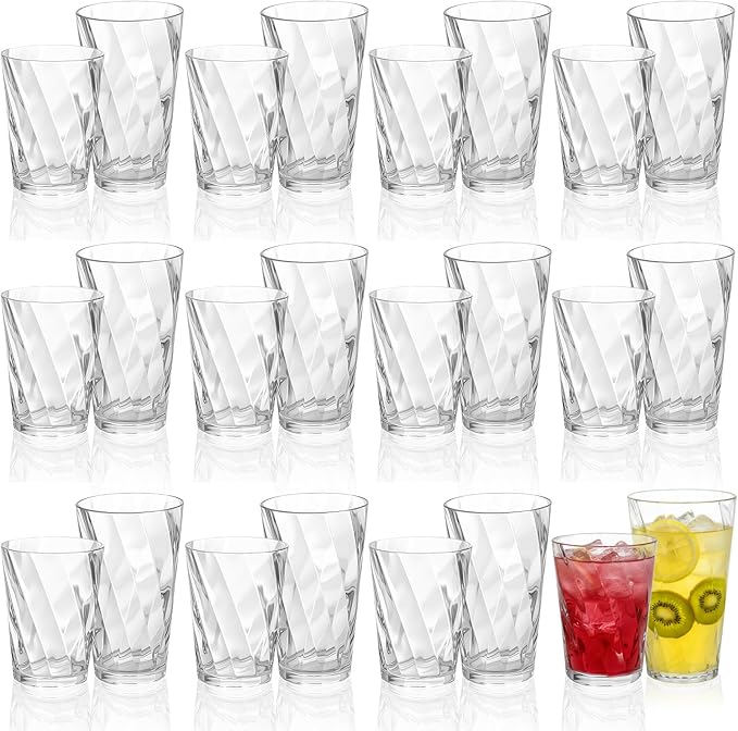 LemonRoad 24 Pack Reusable Plastic Drinking Glasses Set - 20oz & 13.5oz Stackable Tumbler, Shatter-resistant Highball Cup for Water, Cocktail, Iced Coffee, Indoor Outdoor Use, BBQ, Patio, Pool (Clear)