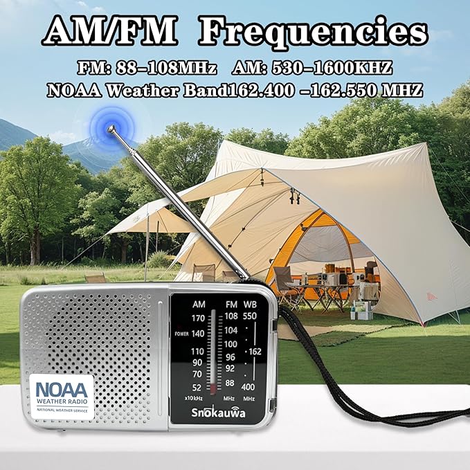 Portable AM FM Transistor Radio Battery Operated, NOAA Weather Radio with Loud Speaker, Headphone Jack, 2 AA Batteries, Excellent Reception, for Everyday Carry Essential, Travel, Storms