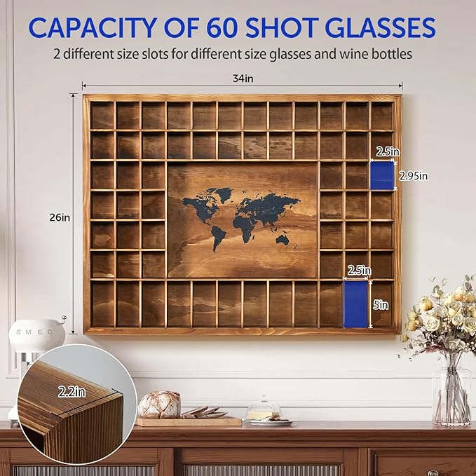 Large Shot Glass Display Case with World Map,60 Slots, 34 X 26 Inch Rustic Wood Shot Glass Display Cabinet for 2 Size -In Rooms Bars Wine Cellars with Shot Glasses Jewelry Shell & Keepsakes