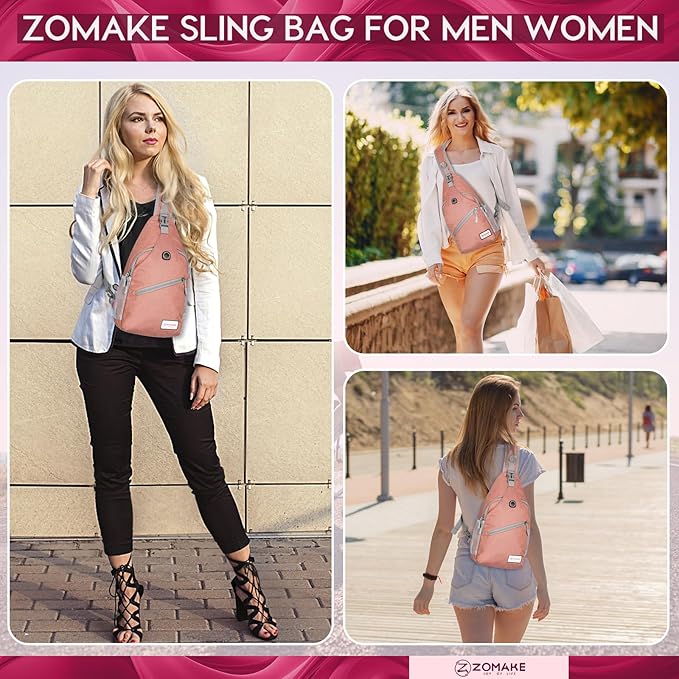 ZOMAKE Sling Bag,Small Crossbody Sling Backpack,Water Resistant Shoulder Daypack for Travel,Anti Thief Chest Bag for Hiking(Pink(New))
