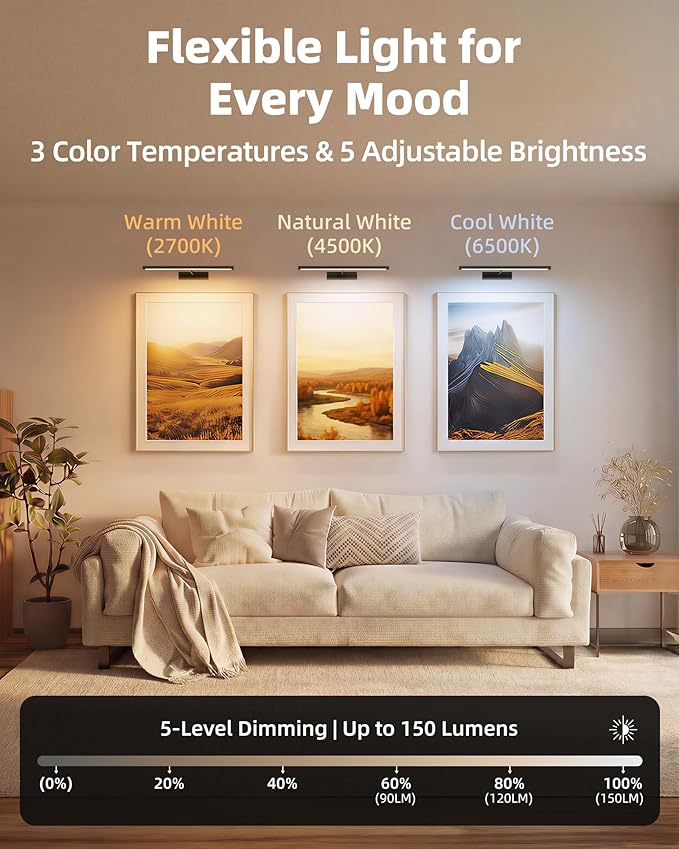 EZVALO Picture Light for Wall, 4800mAh Rechargeable Wireless Battery Lights for Painting, 16In Dimmable Magnetic LED RGB Art Display Light, Colors Temperatures, for Gallery, Living Room, Hallway