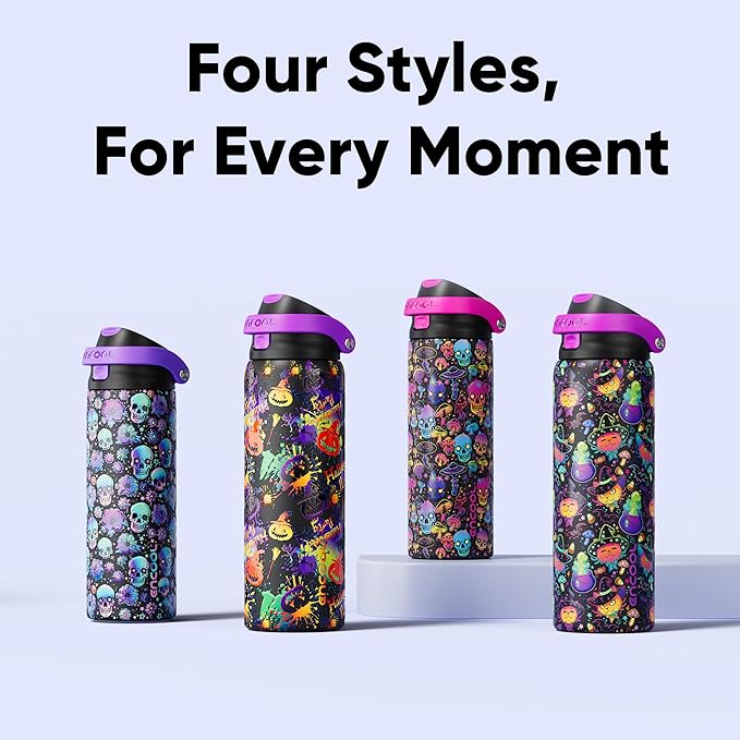 Encool SwiftSip Insulated Stainless Steel Water Bottle with Straw - Leak Proof Sports Water Bottle for School, Travel, Keeps Cold All Day, One-Touch Flip Lid, BPA-Free, 24 oz, Meowgic Night