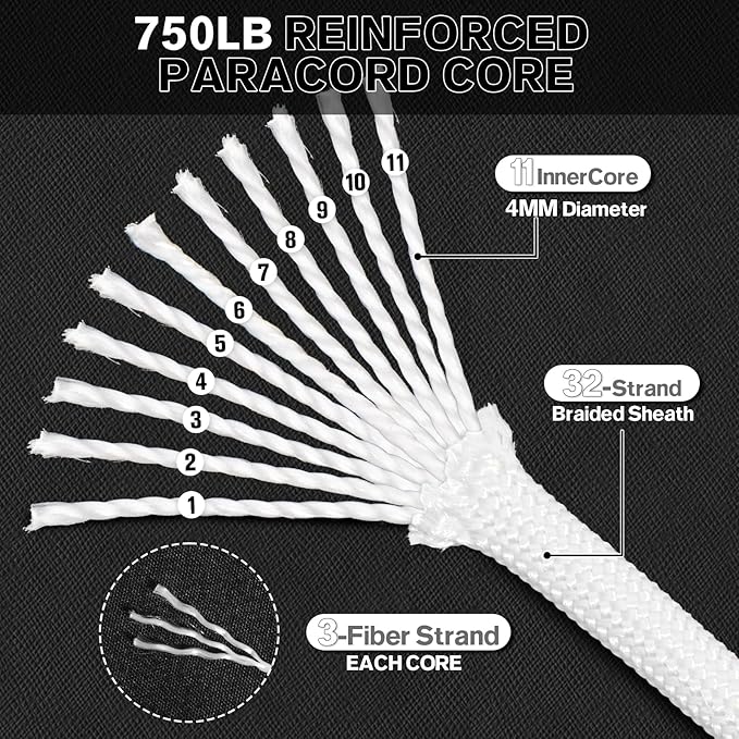 Paracord Rope 750 - Parachute para Cord 4mm 11 Strand Spool Rope Utility Nylon String for Outdoor Camping Survival Utility Tent Crafting DIY Projects - White 200ft