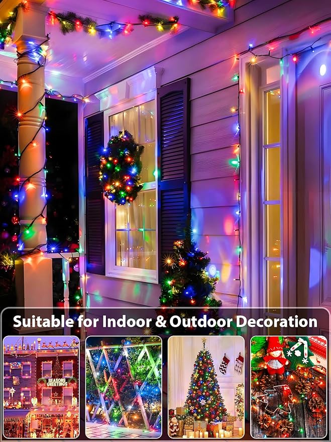 33 FT 100 LED Christmas Decoration Indoor Outdoor, Connetable Green Wire Waterproof Mini Lights with Memory Function & Timer & 8 Modes for Xmas Tree Birthday Wedding Garden Party Decor (Multicolor)