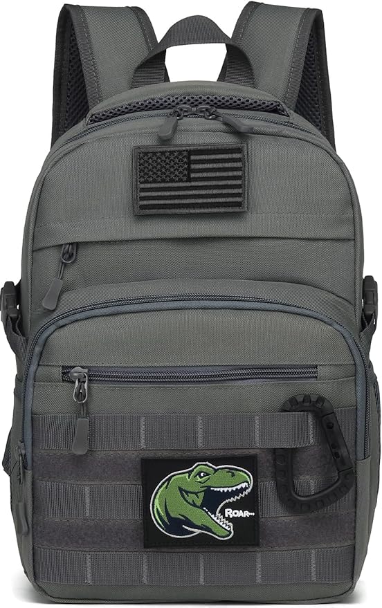 Kids Tactical Backpack Army Molle Bookbag Military Boys Backpack for School, Outdoor, Camping (Includes 2 Patches +1 Carabiner), Grey