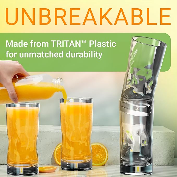 Bravario Unbreakable Plastic Drinking Glasses 17 oz | Dishwasher Safe Shatterproof 100% Tritan Water Tumblers | BPA Free Reusable Outdoor Highball Drinkware | Set of 6