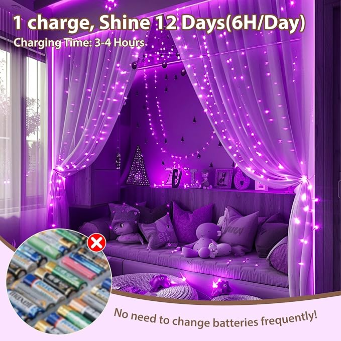 HXWEIYE Rechargeable Fairy Lights with Remote & DIY Timer, 33ft 100LED Battery Operated Twinkle String Lights, 8 Modes Decor Light for Bedroom Indoor Wedding Dorm Christmas Tree Party (Purple)