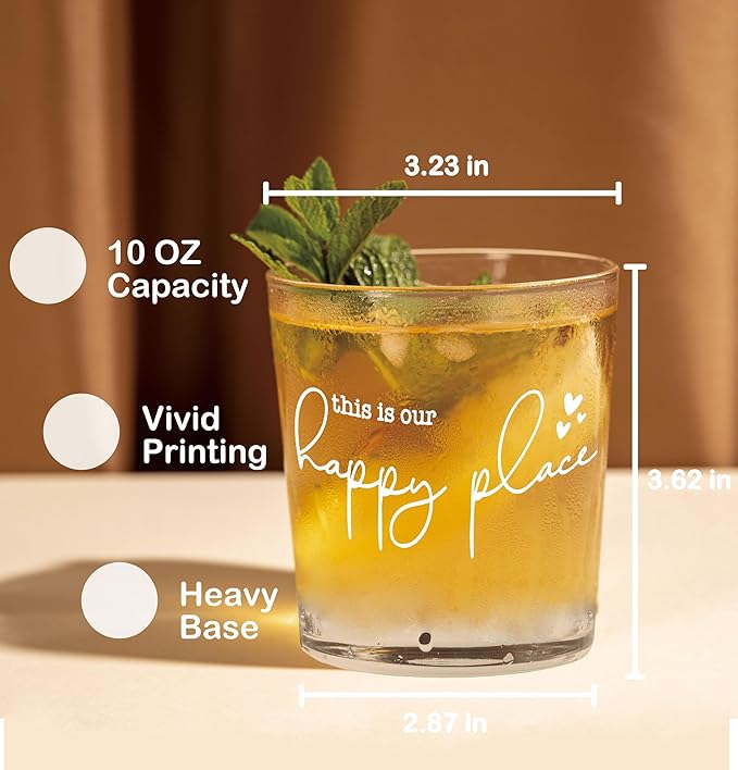 Nogrit This Is Our Happy Place Whiskey Glasses 10 oz, Modern Farmhouse Old Fashioned Rocks Glasses for Men Women Drinking Cocktail Scotch Vodka Tequila Rum
