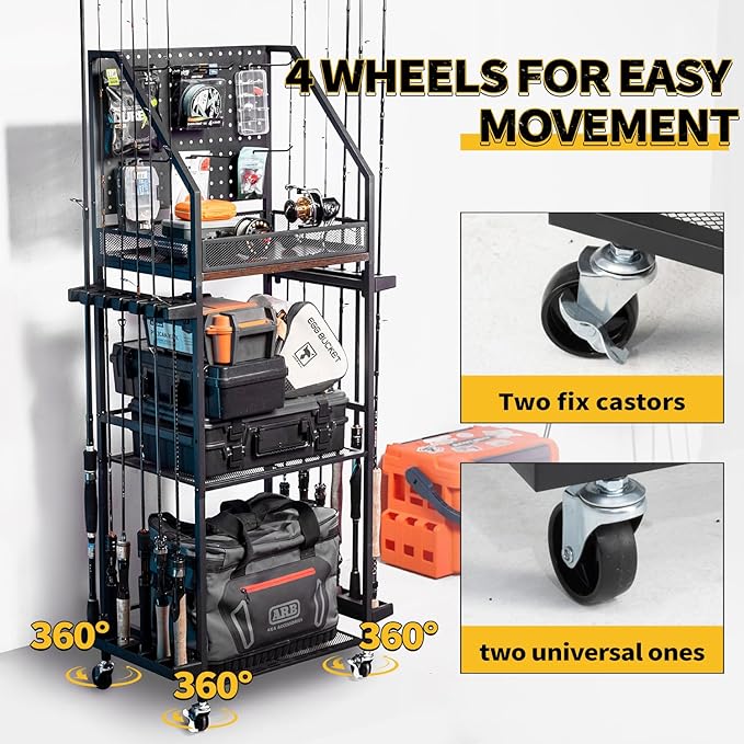 SOYEEZE Fishing Rod Holders for Garage, 3-Tier Fishing Pole Rack with Pegboard and Metal Mesh Fence, Fishing Gear Organizer with Hooks Up to 12 Rods, Rolling Fishing Storage Cart with Lockable Wheels