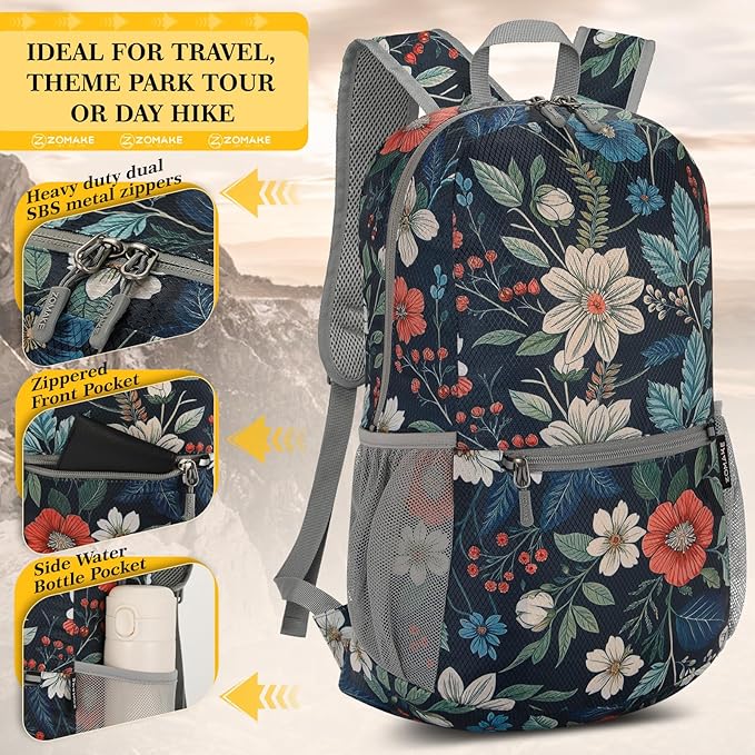 ZOMAKE Ultra Lightweight Hiking Backpack 20L, Packable Small Backpacks Water Resistant Daypack for Women Men(Navy blue,Floral pattern)