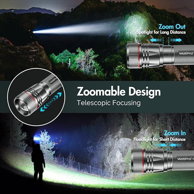 WdtPro Rechargeable Flashlights High Lumens, 2 Pack 10H Long Lasting Super Bright EDC Flashlight, LED Mini Tactical Flash Lights for Camping Emergency, Drop & Water Resistant Grey(Battery Included)