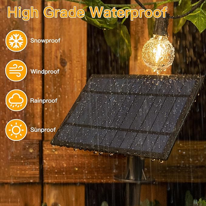 Ollny 110FT Solar String Lights for Outside, Waterproof Remote Control Dimmable Timers 3Modes Outdoor Light with 50 LED + 2 Spare Shatterproof Bulb, G40 Hanging Lights for Patio Pool House Garage