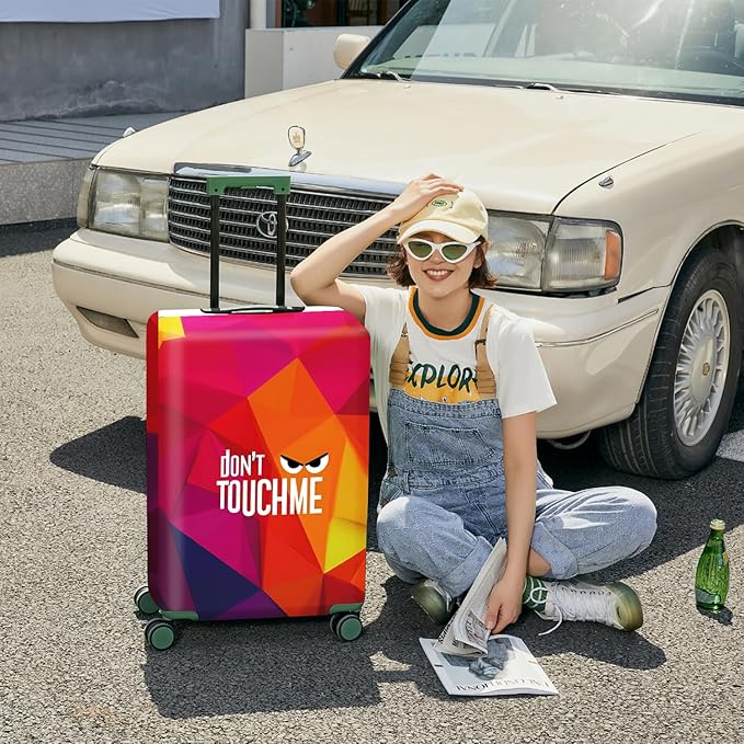Don't Touch Me Funny Travel Luggage Cover-Neon Geometric Stretchable Airplane Suitcase Protector Sleeve,Universal Washable Fit for 20-26 Inch Checked Baggage,Water Resistant Durable Luggage Protector